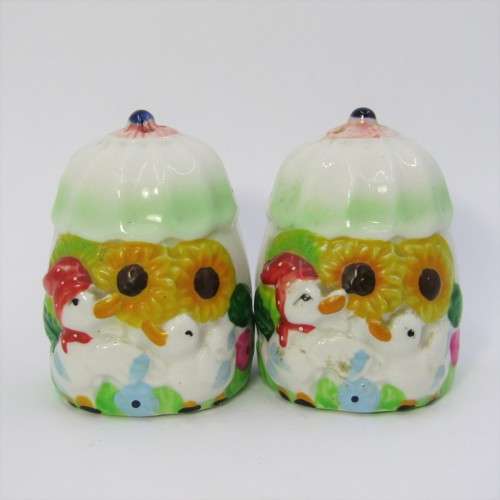 Pair of porcelain salt and pepper shakers with ducks and flowers