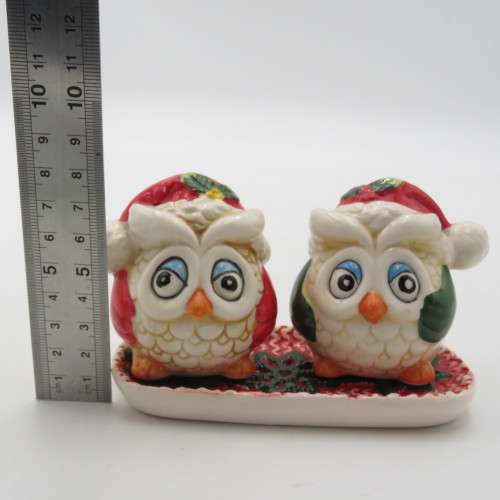 Pair of vintage porcelain Christmas owls salt and pepper shakers