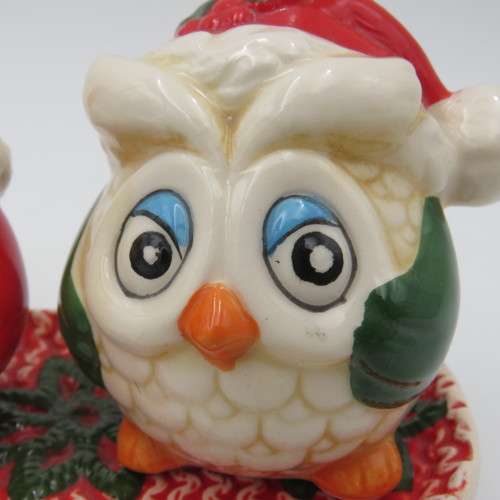 Pair of vintage porcelain Christmas owls salt and pepper shakers