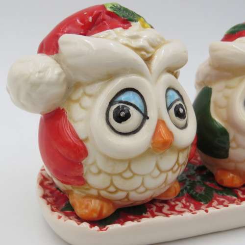 Pair of vintage porcelain Christmas owls salt and pepper shakers