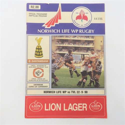 WP Rugby official programme - Norwich Life WP vs Transvaal - 22 Sept 1990
