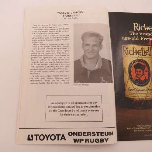 WP Rugby official programme - Norwich Life WP vs Xerox Transvaal - 25 Sept 1993