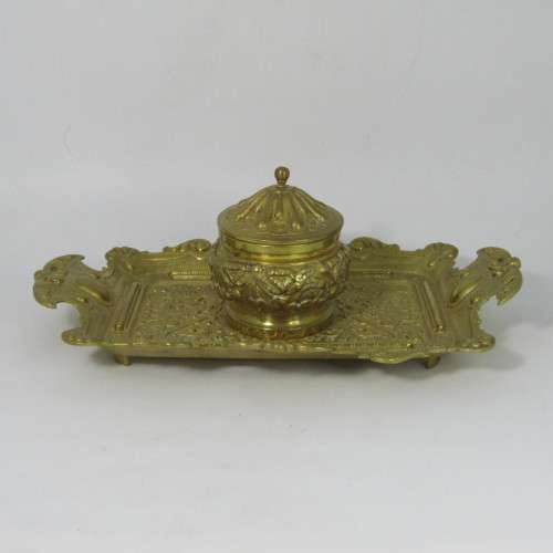 Vintage brass fountain pen stand with ink well holder