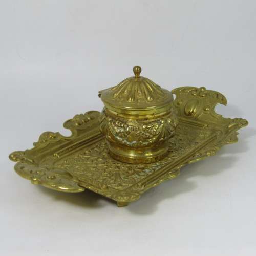 Vintage brass fountain pen stand with ink well holder