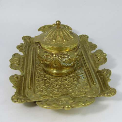 Vintage brass fountain pen stand with ink well holder
