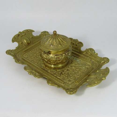Vintage brass fountain pen stand with ink well holder