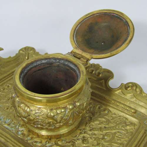 Vintage brass fountain pen stand with ink well holder