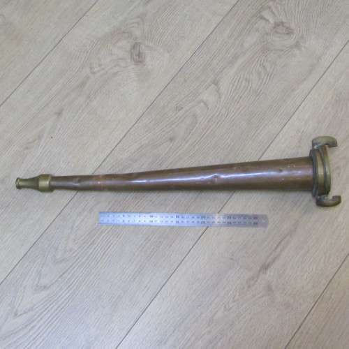 Set of 3 Antique brass fire hose nozzles on wooden display