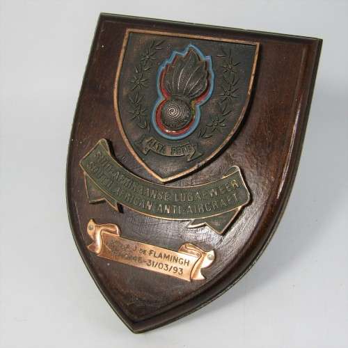 SADF Anti-Aircraft plaque awarded to A02 A.J. de Flamingh for service from 1946 to 1993 (47 years)
