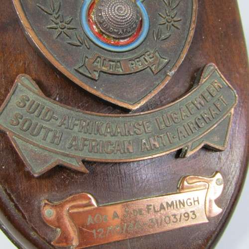 SADF Anti-Aircraft plaque awarded to A02 A.J. de Flamingh for service from 1946 to 1993 (47 years)