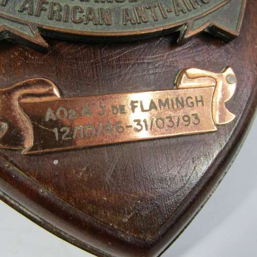 SADF Anti-Aircraft plaque awarded to A02 A.J. de Flamingh for service from 1946 to 1993 (47 years)