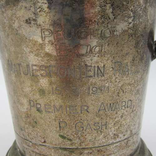 Matjiesfontein 1971 Peugeot 504 Rallye award to P. Gash silver plated ice bucket
