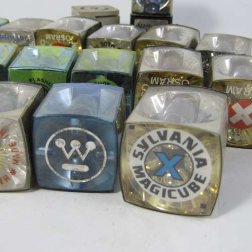 Lot of 17 vintage camera flash bulbs - mostly unused plus 2 adapters