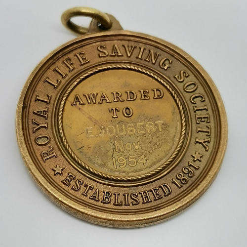 Royal Life Saving Society medallion issued to E Joubert Nov 1954