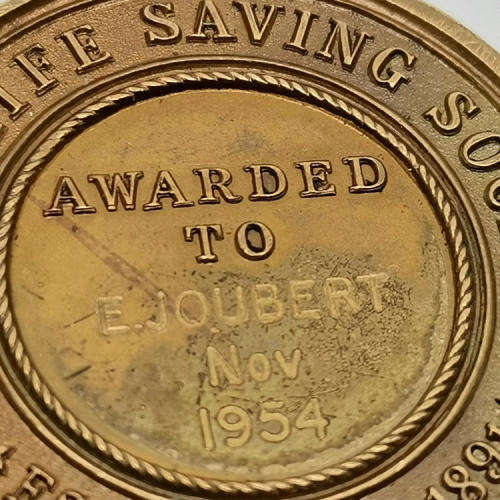 Royal Life Saving Society medallion issued to E Joubert Nov 1954