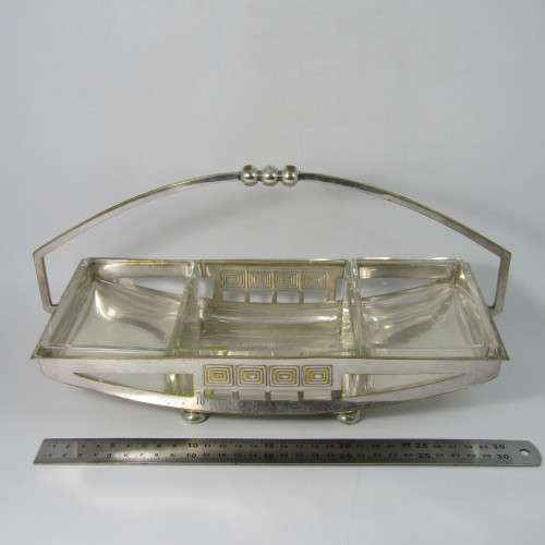 Vintage WMF silver plated Arte Deco snack dish with glass inserts - glass chipped and repaired