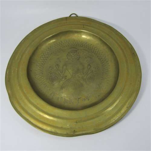 Antique brass habging plate hand decorated - inscribed Ralph Tofr