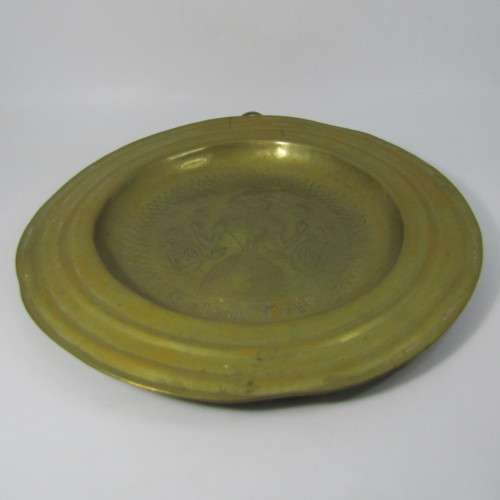Antique brass habging plate hand decorated - inscribed Ralph Tofr