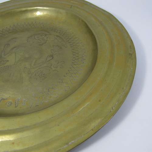 Antique brass habging plate hand decorated - inscribed Ralph Tofr