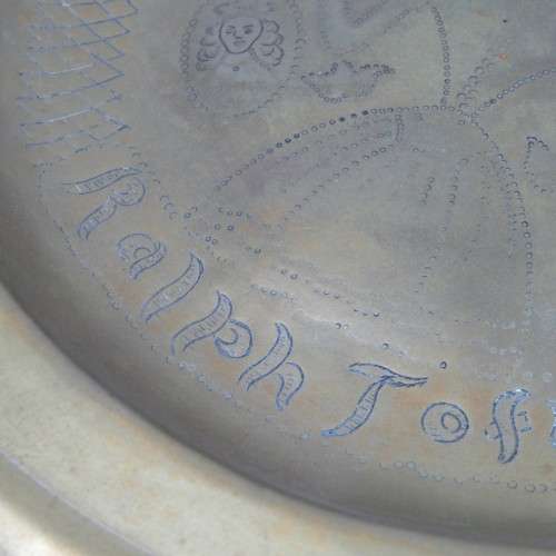 Antique brass habging plate hand decorated - inscribed Ralph Tofr