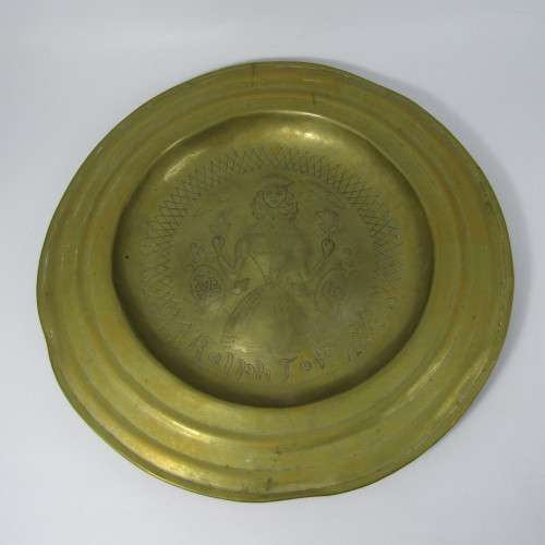 Antique brass habging plate hand decorated - inscribed Ralph Tofr