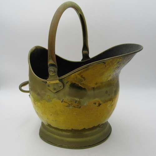 Antique brass coal shuttle - Helmet shaped