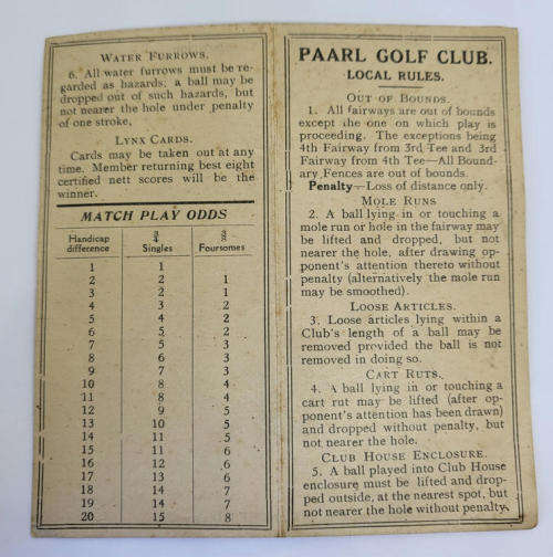 Vintage Paarl Golf Club Rule Card and Score sheet