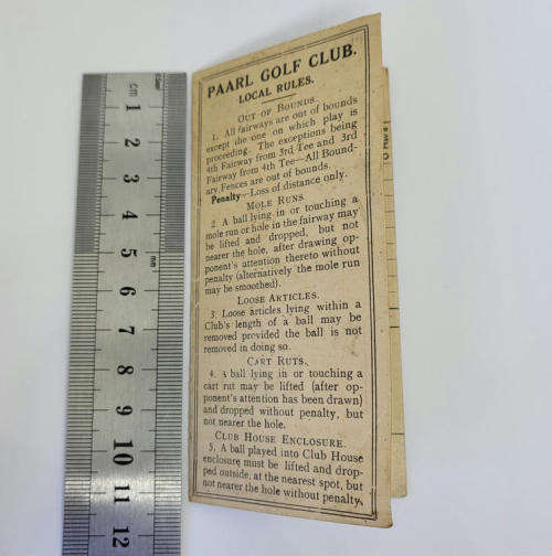 Vintage Paarl Golf Club Rule Card and Score sheet