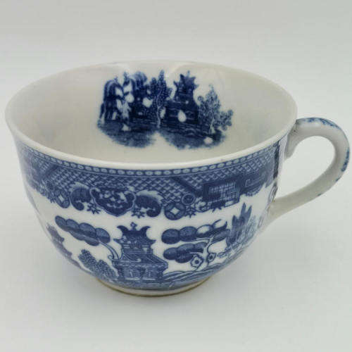 Vintage blue and white willow pattern porcelain trio