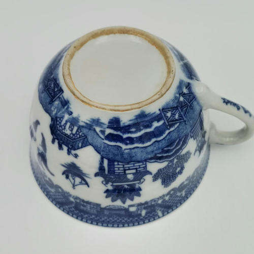 Vintage blue and white willow pattern porcelain trio