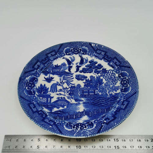Vintage blue and white willow pattern porcelain trio