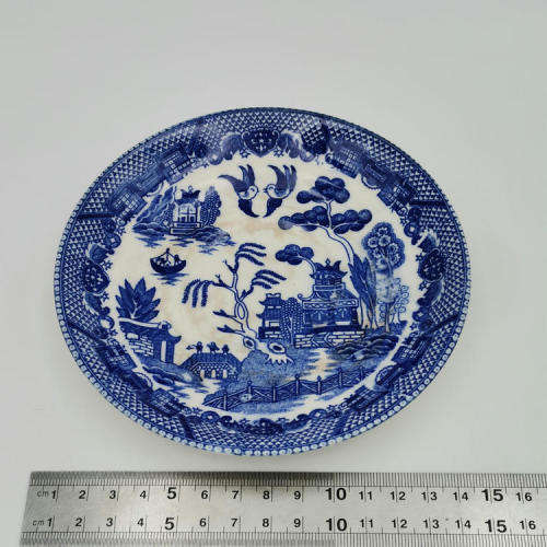 Vintage blue and white willow pattern porcelain trio