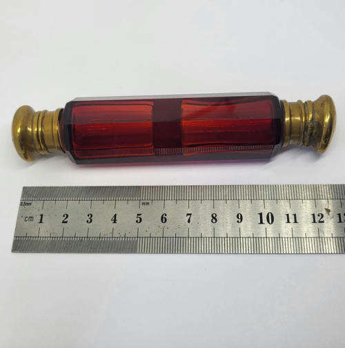 Antique Victorian Cranberry glass double lidded perfume bottle - No stoppers