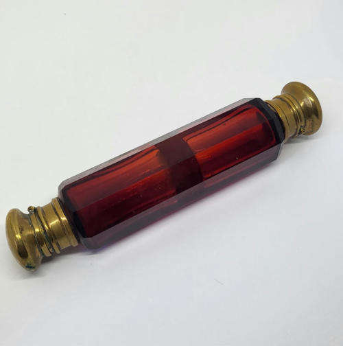 Antique Victorian Cranberry glass double lidded perfume bottle - No stoppers