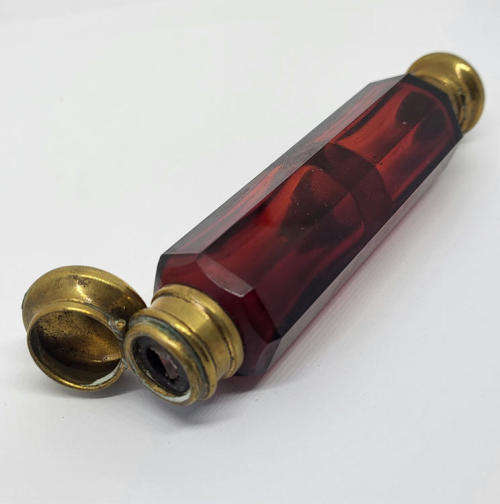 Antique Victorian Cranberry glass double lidded perfume bottle - No stoppers