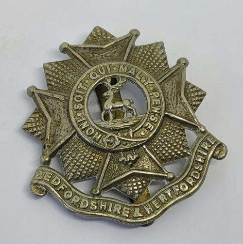 Royal Army Bedfordshire and Hertfordshire regiment cap badge with slide