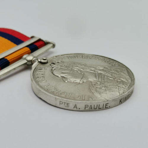 Scarce Boer War Defence of Kimberley QSA medal issued to private A. Paulie, Kimberley Town Guard
