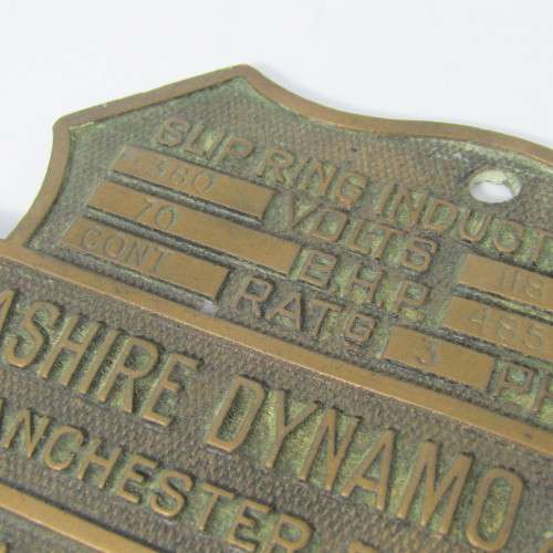 1954 Slip Ring induction motor brass plaque - Lancashire, Dynomo & Crypto