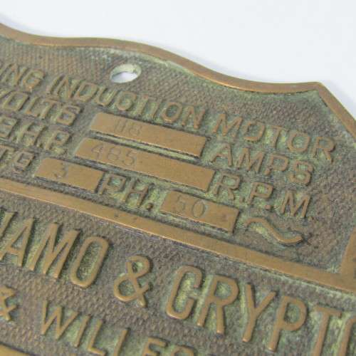 1954 Slip Ring induction motor brass plaque - Lancashire, Dynomo & Crypto