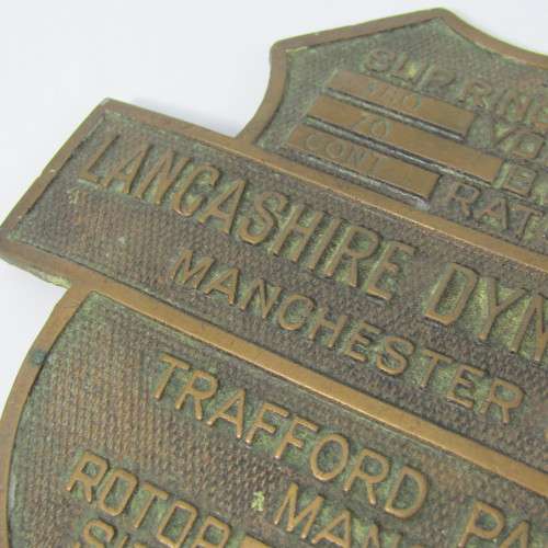 1954 Slip Ring induction motor brass plaque - Lancashire, Dynomo & Crypto