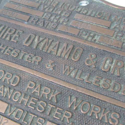 1954 Slip Ring induction motor brass plaque - Lancashire, Dynomo & Crypto