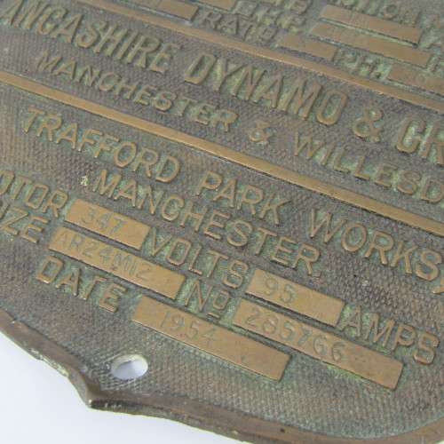 1954 Slip Ring induction motor brass plaque - Lancashire, Dynomo & Crypto