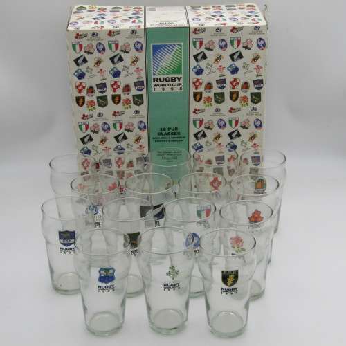 Set of 1995 Rugby World cup glasses (16) in original box