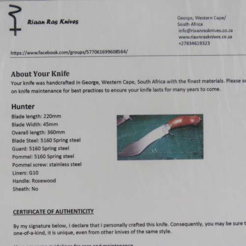 Handmade Hunter fixed blade knife with wooden handle and certificate