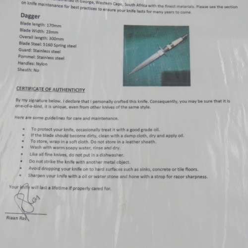 Custom made fixed blade dagger by Riaan Ras with certificate