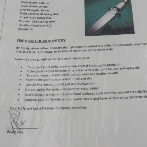 Custom made fixed blade dagger by Riaan Ras with certificate