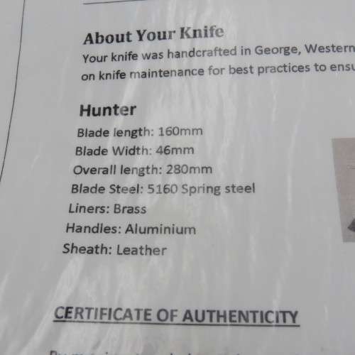 Handmade Hunter fixed blade knife by Riaan Ras with certificate