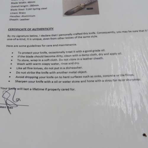 Handmade Hunter fixed blade knife by Riaan Ras with certificate