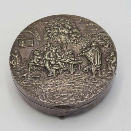 Vintage Alpacca silver-plated round trinket box with men drinking on lid