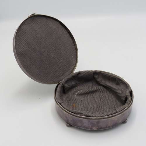 Vintage Alpacca silver-plated round trinket box with men drinking on lid